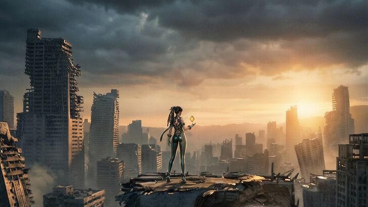 Stellar Blade EVE standing on city ruins