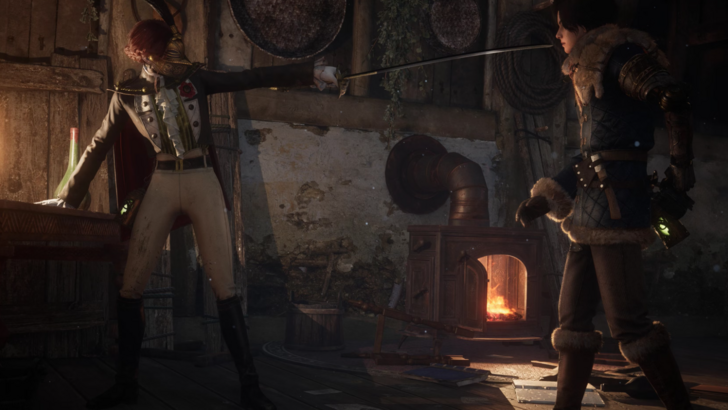 Lies of P P dueling with swords inside a dimly lit room