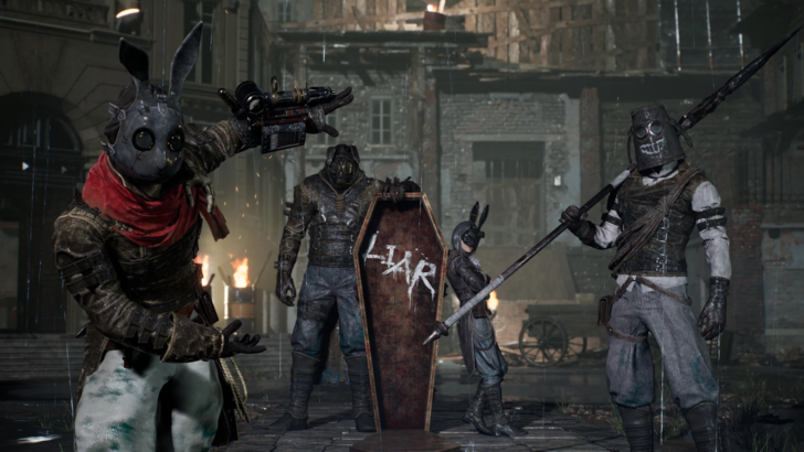 Lies of P Masked enemies posing with weapons in a rainy street