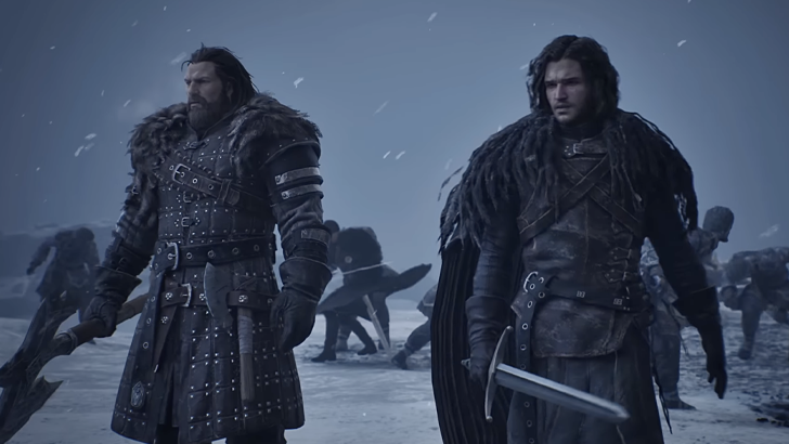 MC holding axe standing beside Jon Snow holding sword during battle in snowy landscape