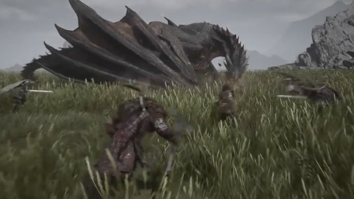 MC’s party in combat with Drogon in grassy field