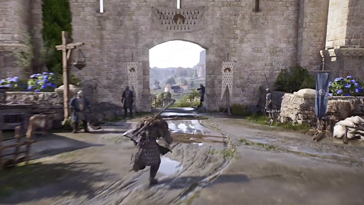 MC running on muddy ground with bannered gates and guards ahead