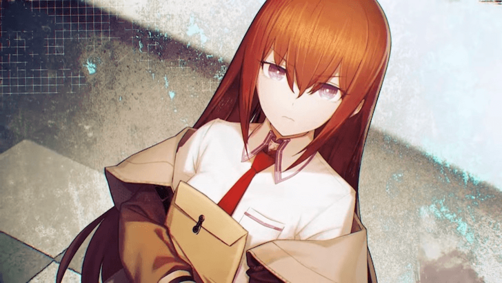 Kurisu Makise looks toward the camera