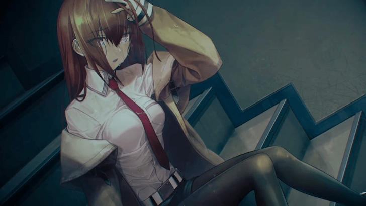 Kurisu Makise sits on a staircase