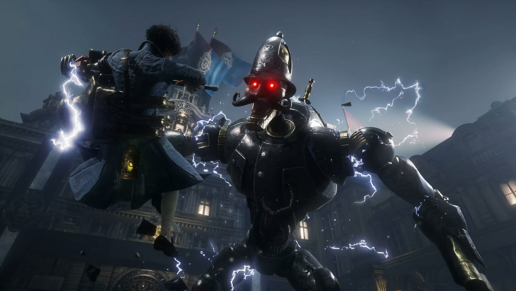 Lies of P P attacking a red-eyed puppet enemy with lightning around them