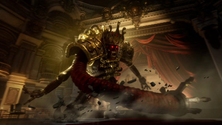 Lies of P A massive crowned puppet boss charging through an ornate theater