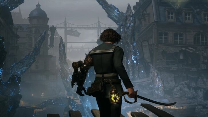 Lies of P P overlooking a ruined city filled with blue crystalline growths