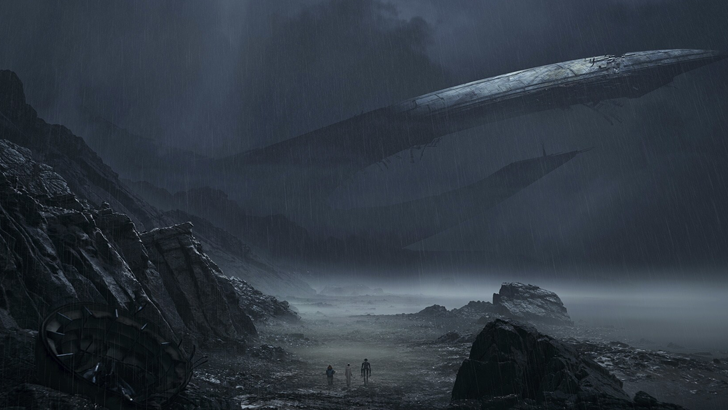 Three figures walking towards large spaceship wreck on rocky and rainy planet
