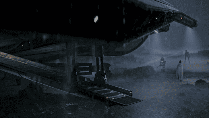 A white-caped figure and two others walking away from open spaceship walkup into rainy darkness