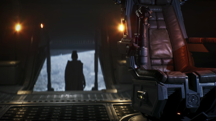 caped figure walking away from empty brown leather spaceship pilot chair