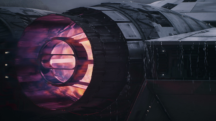 Spaceship engine lit with orange and purple flames