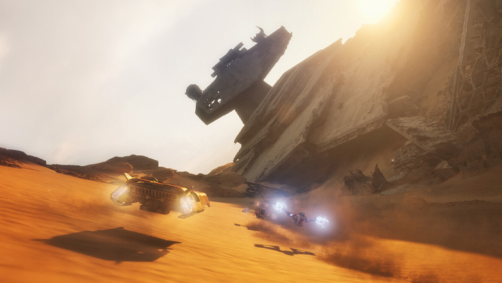 two hovercars racing through sunny desert with shipwreck ruins in ahead