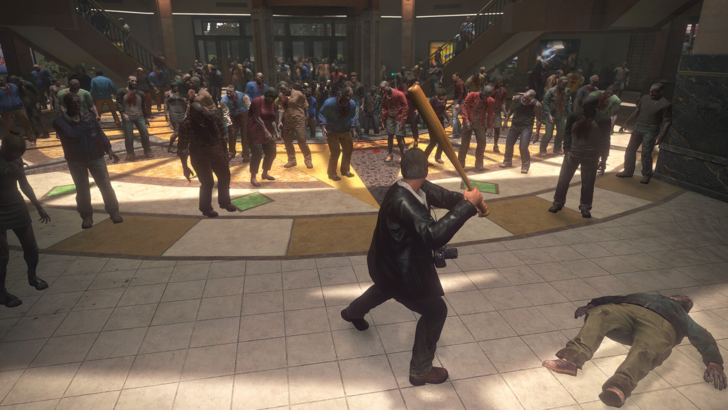 Dead Rising Frank West holds a baseball bat while surrounded by zombies in a mall