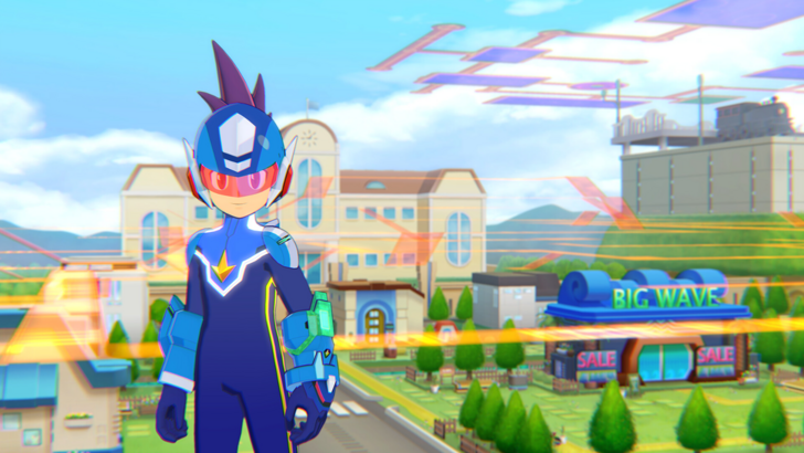Mega Man Star Force Legacy Mega Man stands in front of a colorful town