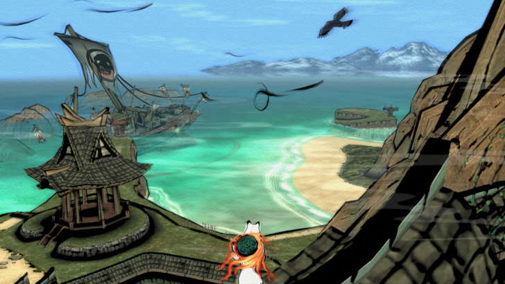 Okami Amaterasu overlooks a coastal village and turquoise bay
