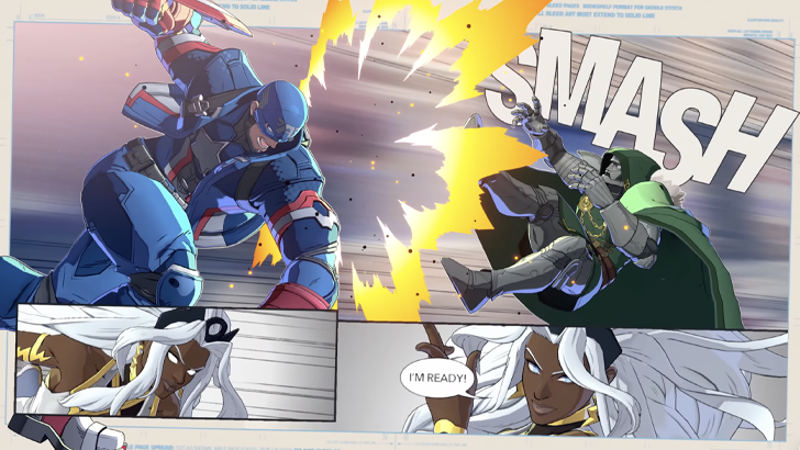 captain america punching doctor doom in comic panel with storm in two panels below