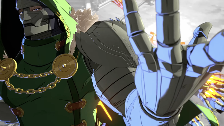 doctor doom closeup holding up hand with silver metal glove