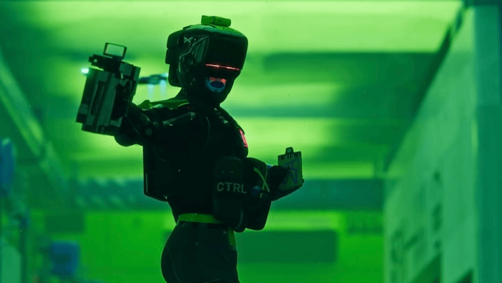 Green-lit Marathon character holding equipment inside a facility