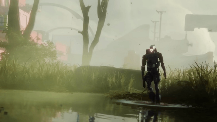Runner walking through a flooded swamp