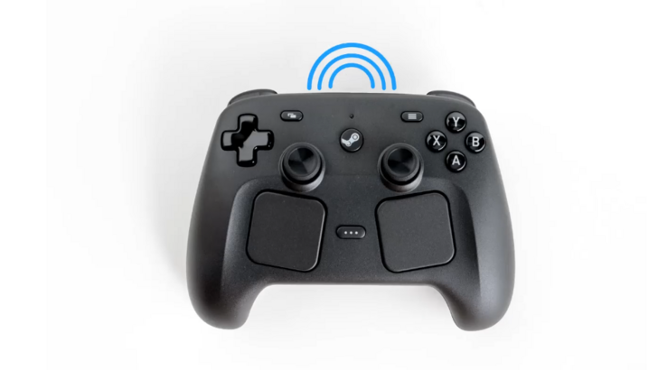 Steam Controller shown with a wireless connection icon above it