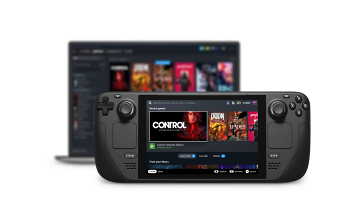 Steam Deck displays the Steam library with the desktop Steam client in the background
