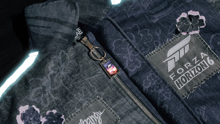 Closeup of Forza Horizon 6 patch on denim jacket