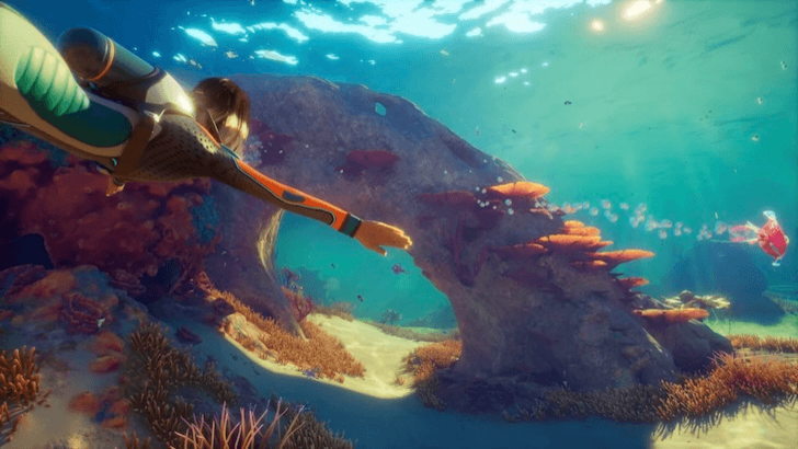 A diver swims through a coral-filled area 