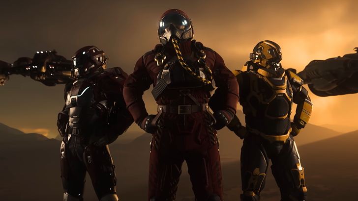 Star Citizen Three armored pilots pose with spacecraft flying behind them