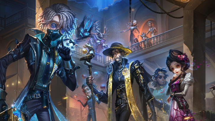 identity v characters in blue yellow and pink