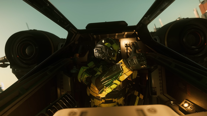 Star Citizen An armored pilot sits inside a spacecraft cockpit