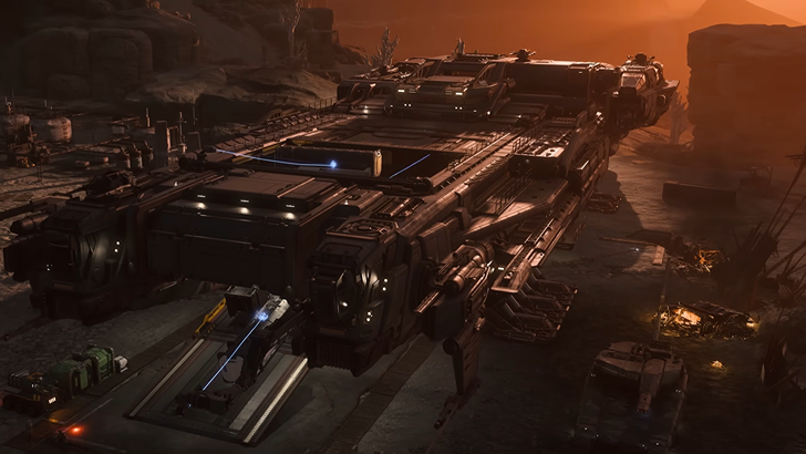 Star Citizen A large spacecraft sits on a landing pad at a desert outpost
