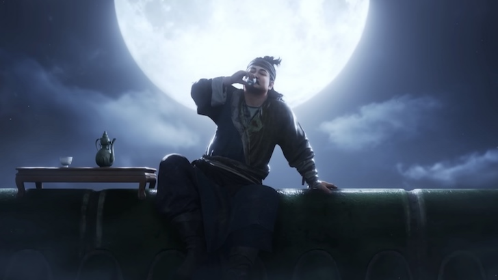Big Zhao sitting on a rooftop under a large full moon while drinking tea