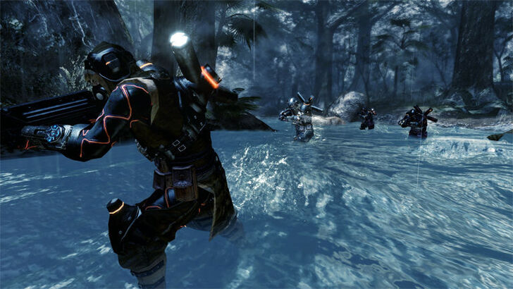 Lost Planet 2 Soldiers moving through a flooded jungle area