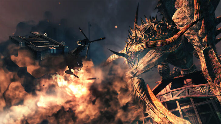 Lost Planet 2 A helicopter crashing near a giant Akrid during an explosion