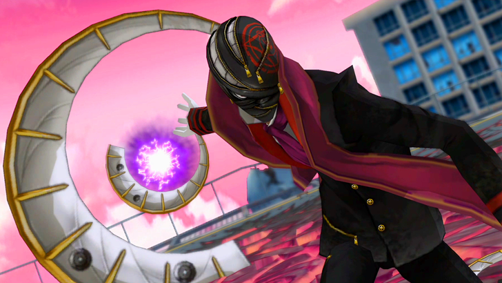 Closers A masked enemy holding a crescent-shaped weapon under a pink sky