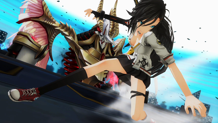 Closers A female character kicking an armored enemy during combat
