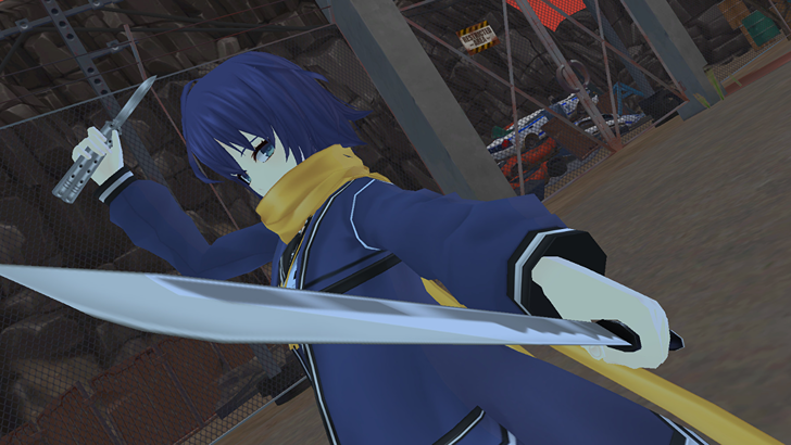 Closers A blue-haired character wielding blades in an industrial area