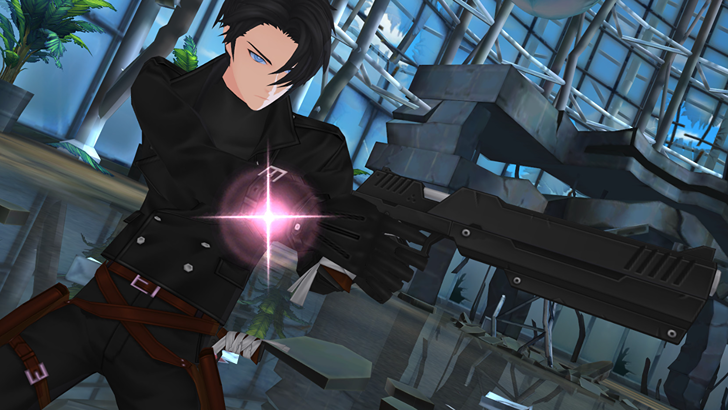 Closers A black-clad character aiming a large gun inside a damaged building
