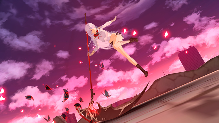 Closers A white-haired character floating with a spear under a purple sky