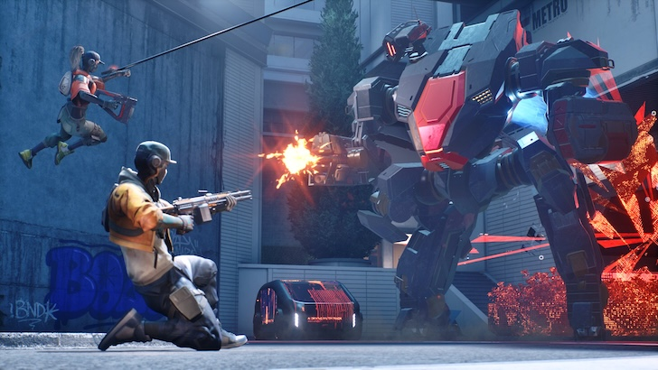 First-person POV showing mech combat