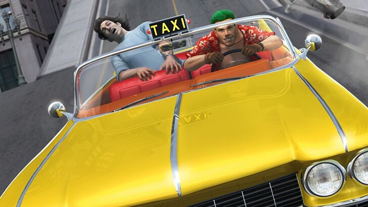 Crazy Taxi A yellow cab speeding downhill through city streets