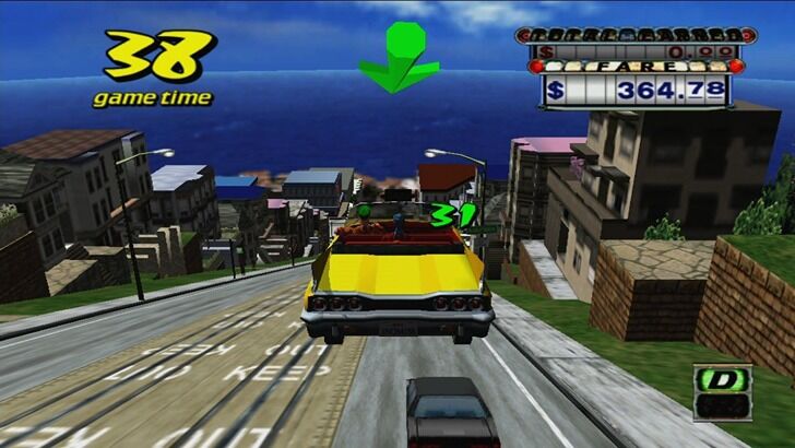 Crazy Taxi gameplay A yellow cab driving down a steep city road