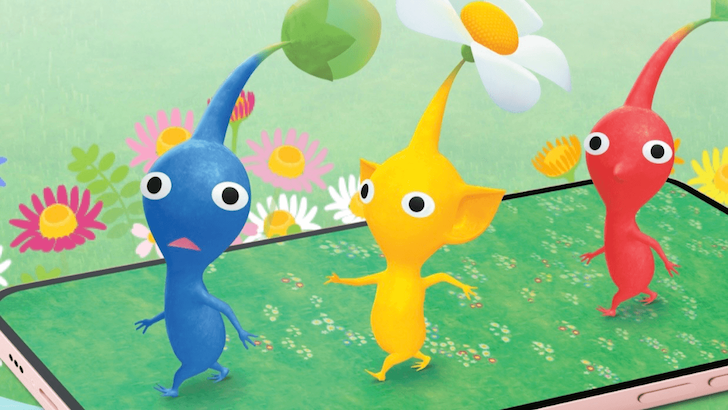 Pikmin Bloom artwork featuring Blue, Yellow, and Red Pikmin on a mobile phone