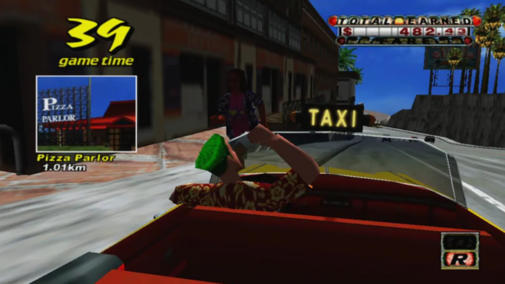 Crazy Taxi A taxi carrying a passenger during a timed fare to a Pizza Parlor