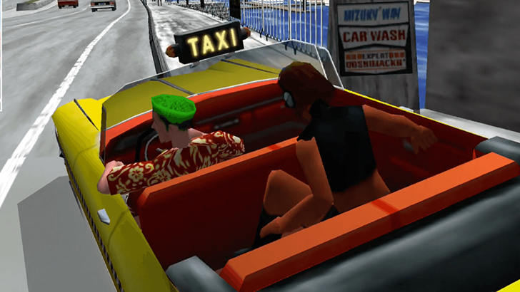 Crazy Taxi A yellow cab carrying a passenger near a marina