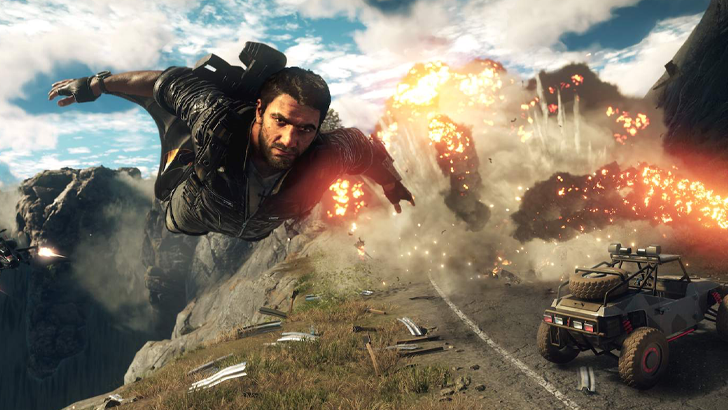just cause 4 rico rodriguez flying away from exploding cars