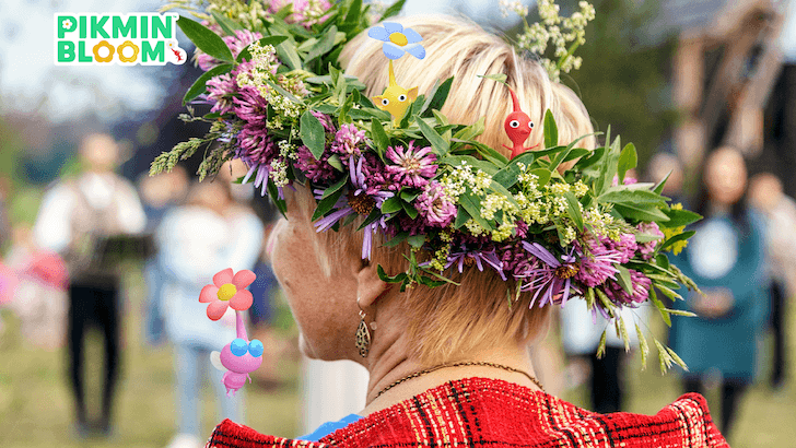 Back of a person wearing a flower crown edited with Pikmin hidden among the flowers