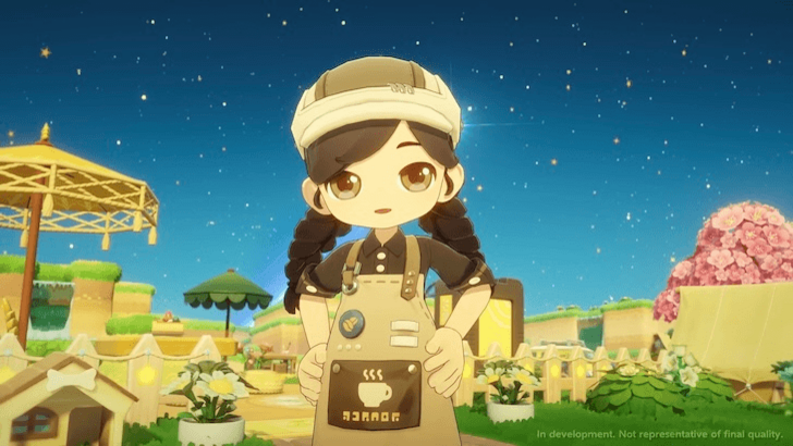Character in apron stands in a cozy town plaza at night