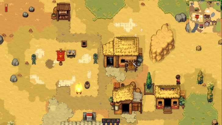 romestead multiple buildings around a central campfire