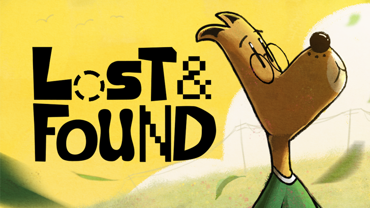 lost and found logo with rico dog main character in green shirt